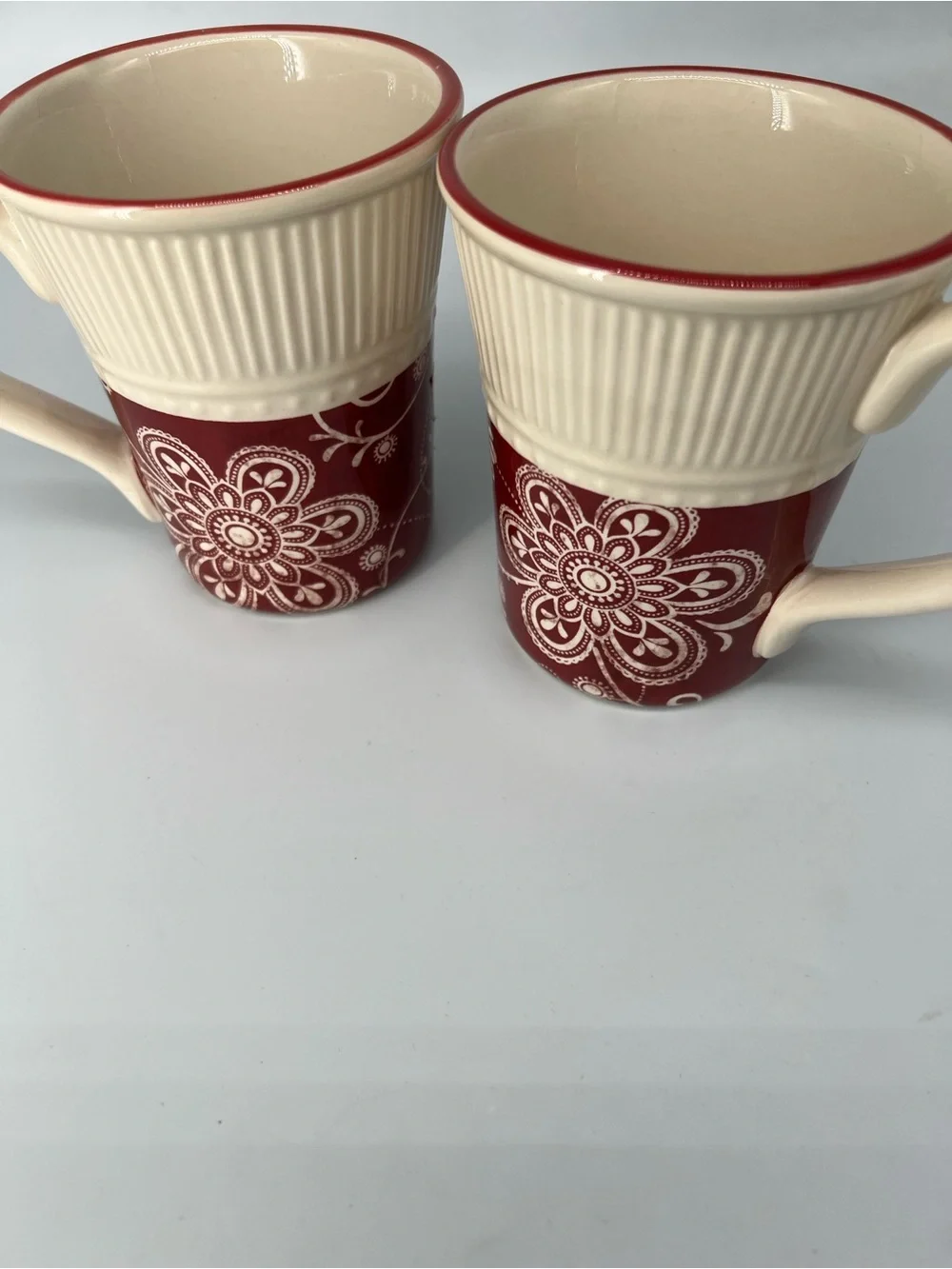 Pier 1 Imports vintage Cream and Red Floral holiday Ceramic Mugs - Set of 2